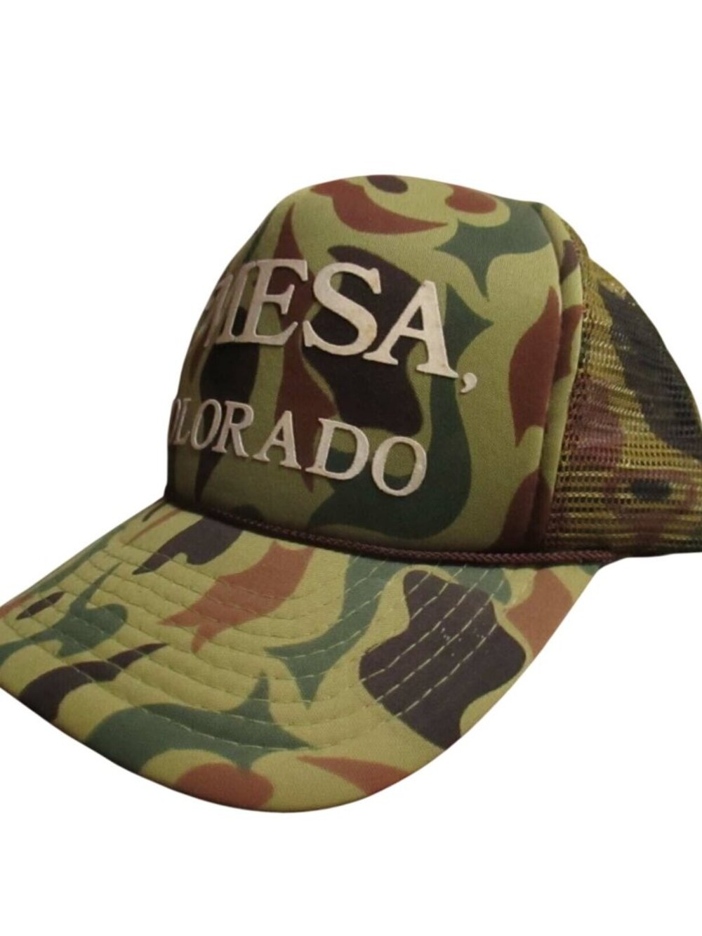 True Vintage Skater Cap Hat Mesa Colorado Camo Mesh Trucker 1980's